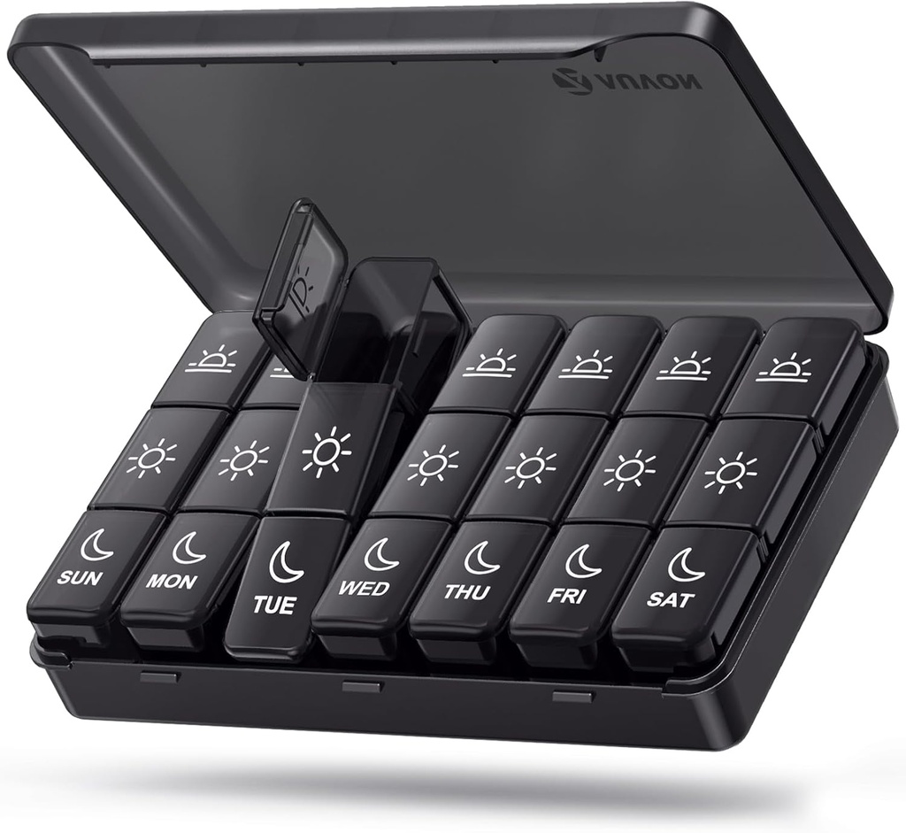 AUVON Weekly Pill Organizer 3 φορές την ημέρα, Μεγάλο κουτί χάπια 7 ημέρα με διπλή προστασία για τα ταξίδια, Black Pill περίπτωση για την προστασία της ιδιωτικής ζωής, Ελαφρύ δοχείο χάπια για φάρμακα, βιταμίνες, ιχθυέλαια