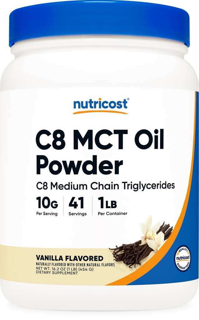 Nutricost C8 MCT Oil Powder 1LB (16oz) Vanilla Flavor - 95% C8 MCT Oil Powder, Best for Keto Diets, Non-GMO, Χωρίς γλουτένη