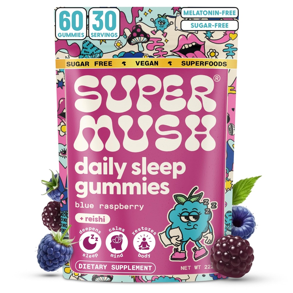 SuperMush Sleep Gummies για ενήλικες - συμπλήρωμα μανιταριών με κιτρικό μαγνήσιο, L-Θεανίνη, Chaga, Reishi & Χαμομήλι για βαθύ ύπνο, REM & Detox - Vegan & Sugar-Free - 60 Gummies (30 Servings)