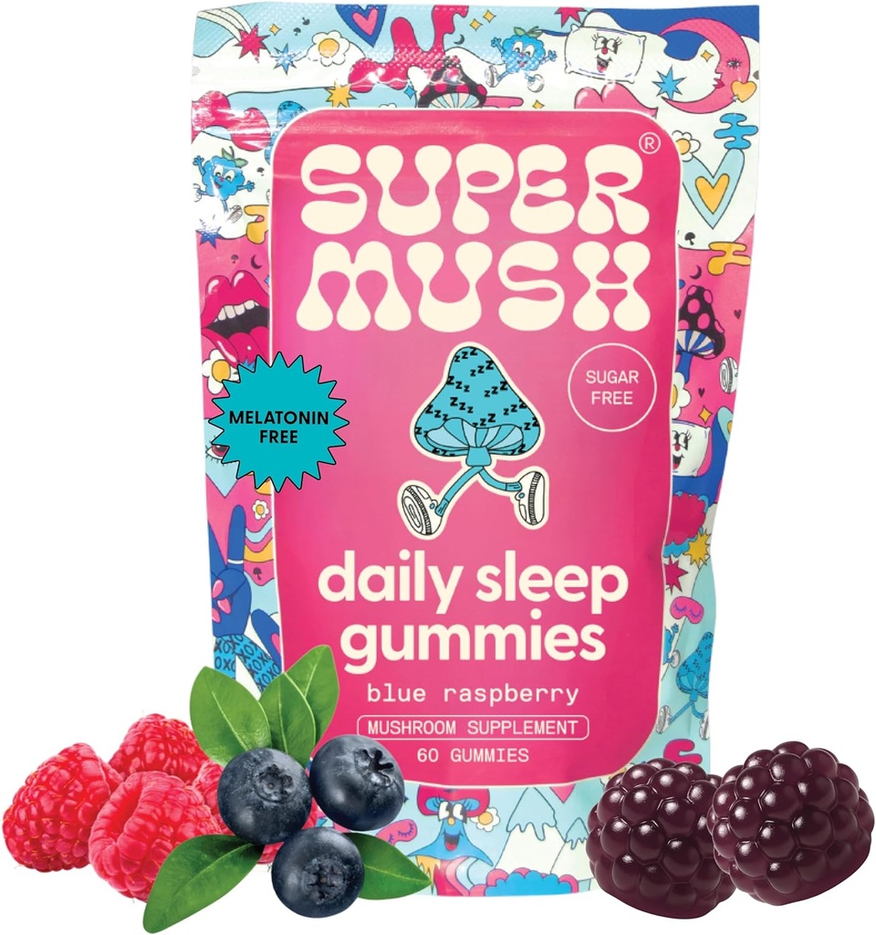 SuperMush Sleep Gummies για ενήλικες - συμπλήρωμα μανιταριών με κιτρικό μαγνήσιο, L-Θεανίνη, Chaga, Reishi & Χαμομήλι για βαθύ ύπνο, REM & Detox - Vegan & Sugar-Free - 60 Gummies (30 Servings)