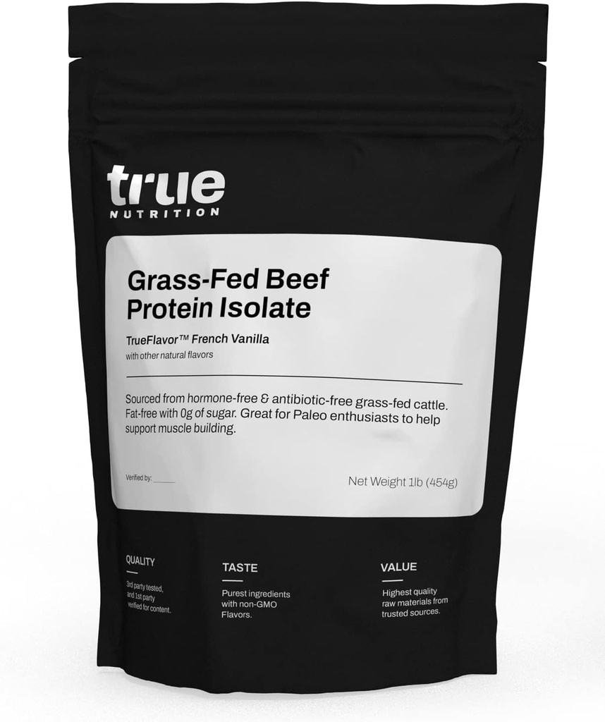 True Nutrition Grass Fed Beef Protein Powder Isolate - 29g Paleo, Keto, Carnivore Beef Protein per Serving - Zero Carb, Fat Free, Gluten Free, Dairy Free, Soy Free - Γαλλική Βανίλια - 1LB