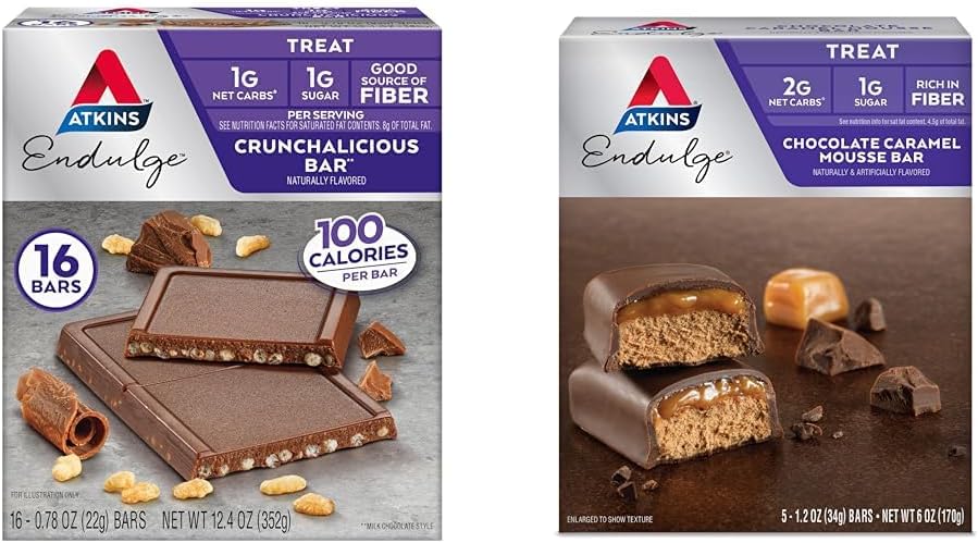Atkins Endulge Crunchalicious Chocolate Bar, 16 Count & Chocolate Caramel Mousse Bar, 5 Count