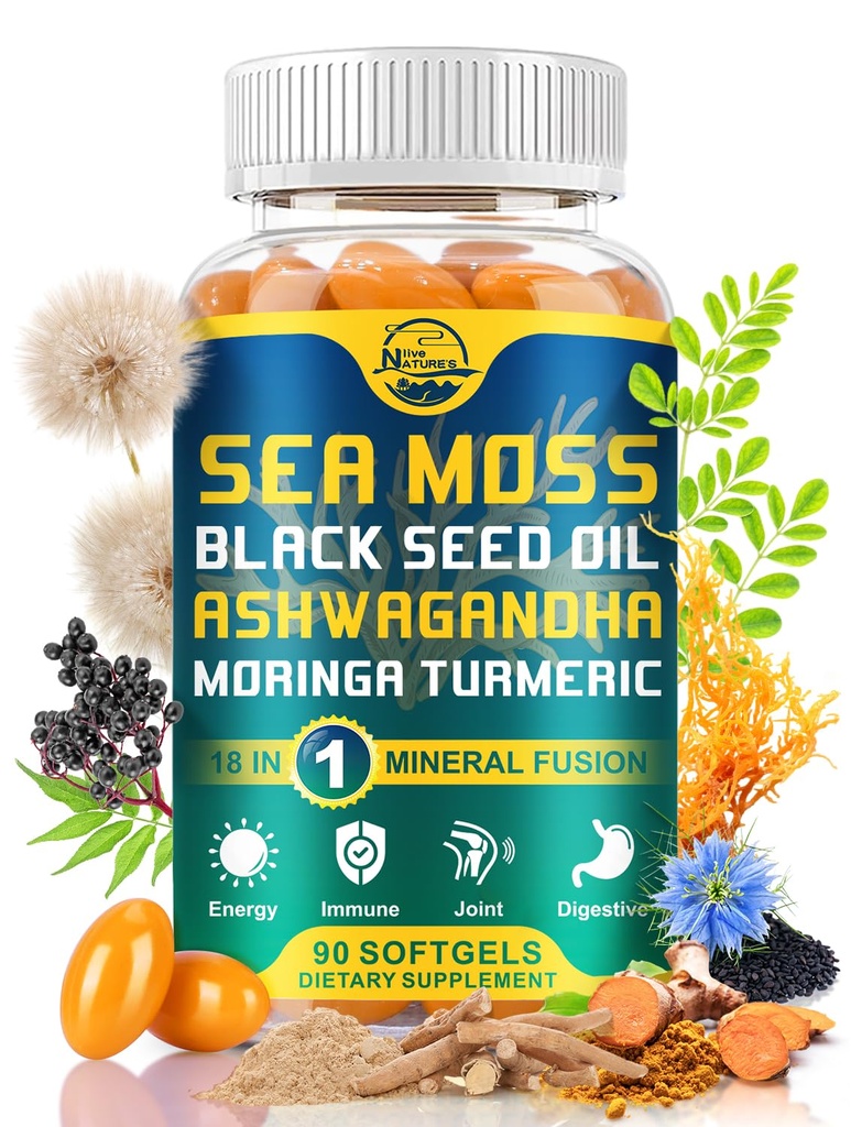 Ζωντανά οργανικά Moss Moss Softgels της φύσης, με Μαύρο Έλαιο Σπέρματος, Ashwagandha, Bladderwrack, Ginger, Burdock Root, Manuka Honey, Κανέλα για το ανοσοποιητικό σύστημα, δέρμα, ενέργεια, 90 Softgels, 1 συσκευασία