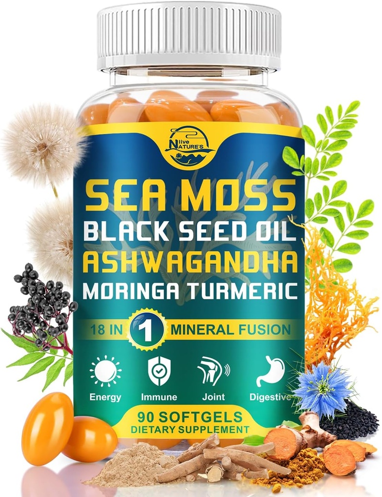 Ζωντανά οργανικά Moss Moss Softgels της φύσης, με Μαύρο Έλαιο Σπέρματος, Ashwagandha, Bladderwrack, Ginger, Burdock Root, Manuka Honey, Κανέλα για το ανοσοποιητικό σύστημα, δέρμα, ενέργεια, 90 Softgels, 1 συσκευασία