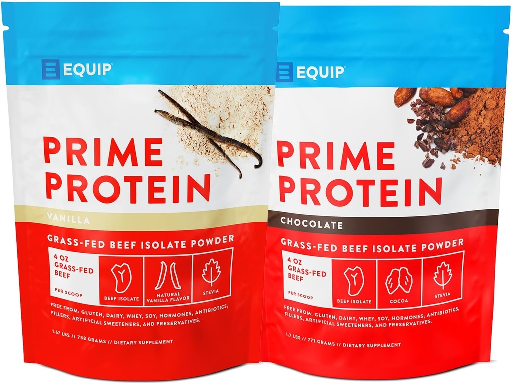 Equip Foods Chocolate Prime Protein Powder - Βανίλια & Σοκολάτα - Grass-Fed Isolate Beef Protein Powder - Παλαιό και χωρίς γλουτένη Protein Powder - Βοηθά στην κατασκευή και την επισκευή ιστού, χωρίς γλουτένη