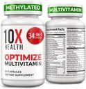 10X Health Optimize Multivitamin for Men - 90 Capsules, Methylated Multivitamin 34 in 1 Formula with 800 mcg of Vitamin B12, 5-MTHF, NAC - Methyl B Complex, MTHFR Supplement