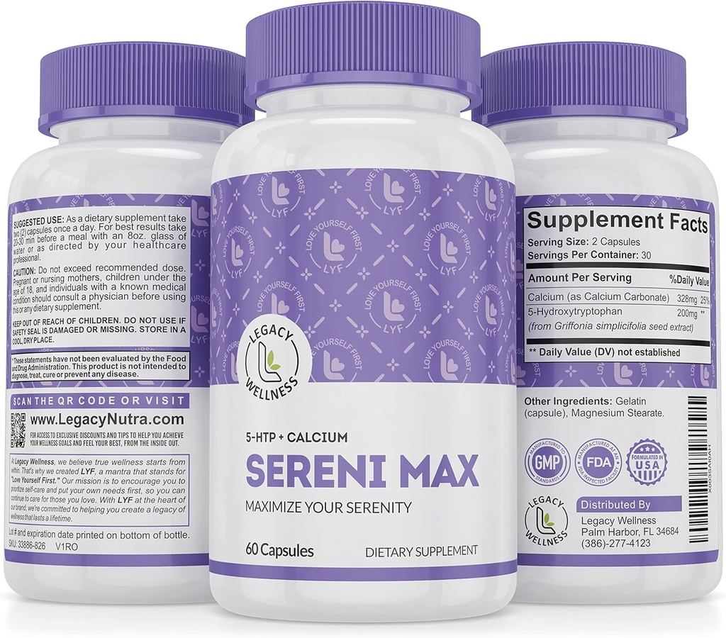 SERINI-MAX - 5-HTP συμπλήρωμα υποστήριξης Mood + Ασβέστιο - Υποστηρίζει την ήρεμη και ειρηνική κατάσταση του μυαλού - Boost σεροτονίνη, 5HTP 200mg για τη διαχείριση του στρες & συμπλήρωμα υποστήριξης ύπνου - 60 κάψουλες