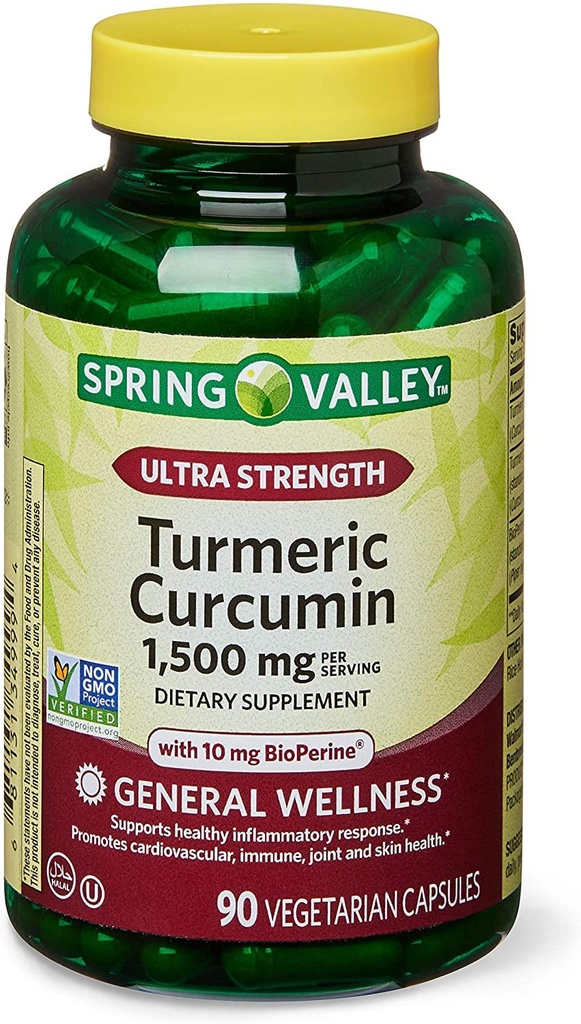 Ανοιξιάτικη Υγεία 2 Set- Spring Valley Ultra-strength Turmeric Curcumin 1.500mg 90 Κάψουλες + Οδηγός βιταμίνης σας, 1.0 Count