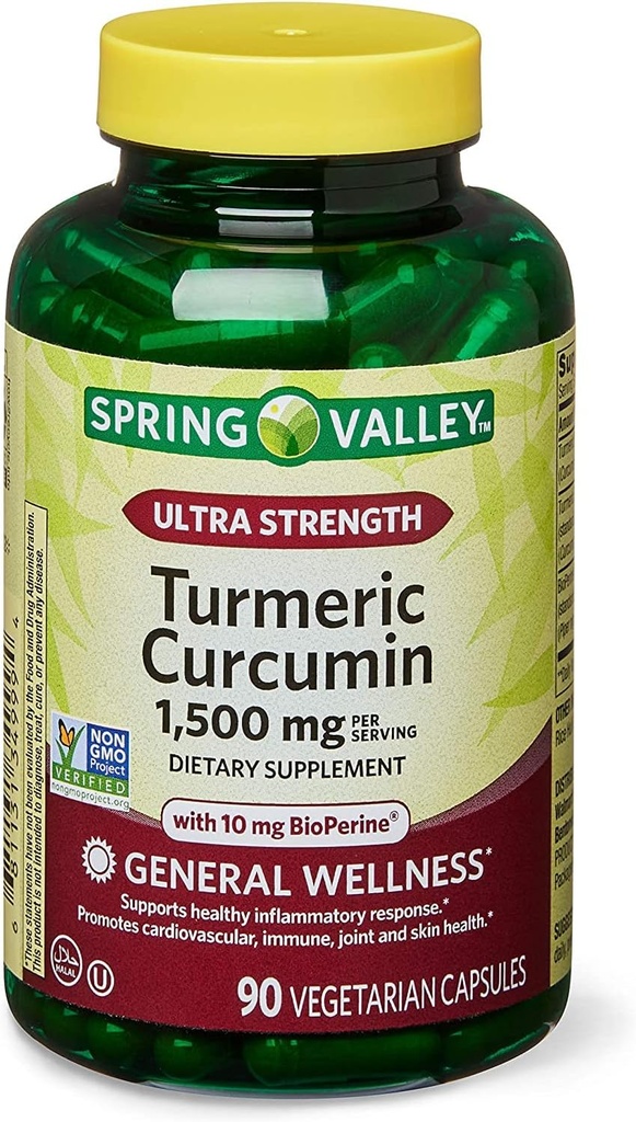 Ανοιξιάτικη Υγεία 2 Set- Spring Valley Ultra-strength Turmeric Curcumin 1.500mg 90 Κάψουλες + Οδηγός βιταμίνης σας, 1.0 Count