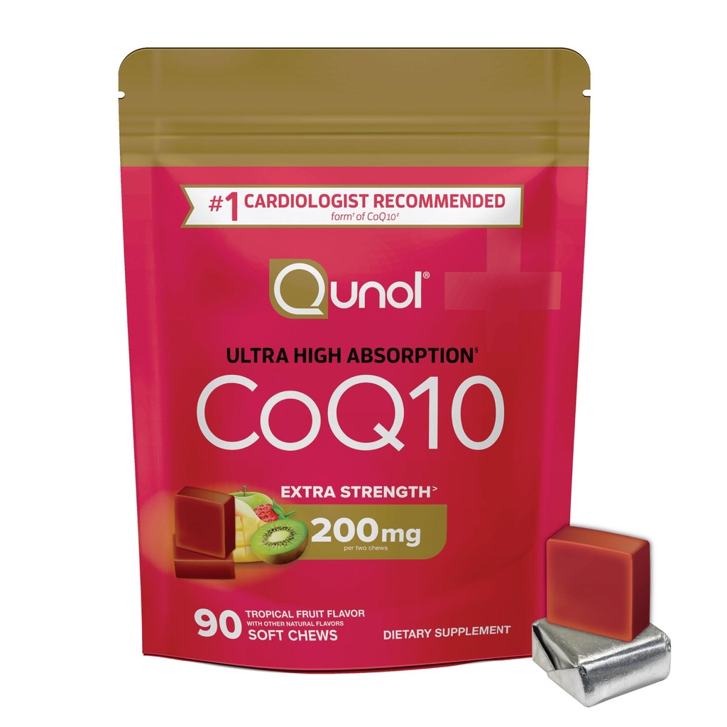 Qunol CoQ10 200mg Soft Chews, Extra Strength & Ultra High Abvortion Coenzyme Q10 Supplement, #1 Cardiologist Προτεινόμενο συμπλήρωμα για την υγεία της καρδιάς, 90 Count