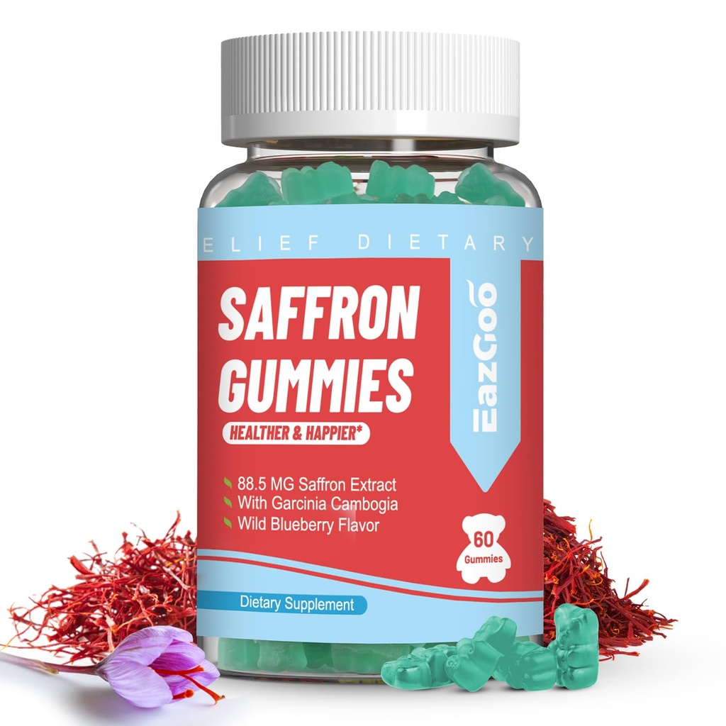 Saffron Συμπληρώματα Gummies, εκχύλισμα Saffron για θετική διάθεση & ήρεμο νεύρο, Boost Energy, με Garcinia Cambogia, βιταμίνη Α, B12, Rhodiola Rosea - 60 Gummies