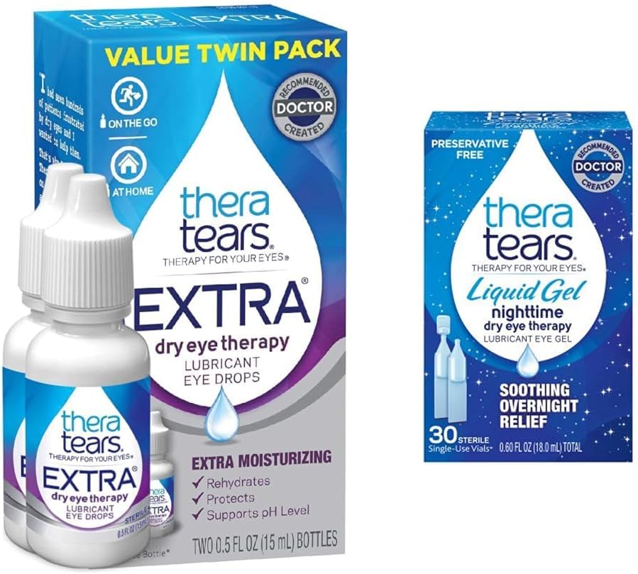 TheraTears Extra Dry Eye Therapy Lubricating Eye Drops for Dry Eyes, 0. 5 fl oz Bottle, 2 Count(Pack of 1) & Liquid Gel Nighttime Lubricating Eye Drops for Dry Eyes, Single-Use Vials, 30 Count