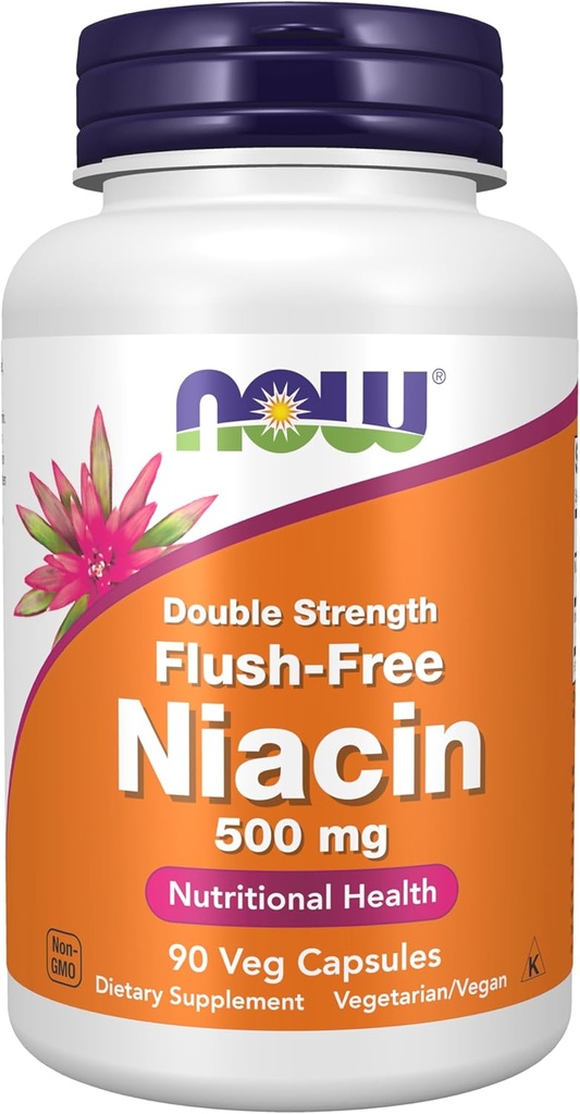 NOW Foods Supplements, Niacin (Vitamin B-3) 500 mg, Flush-Free, Double Strength, Nutritional Health, 90 Veg Capsules