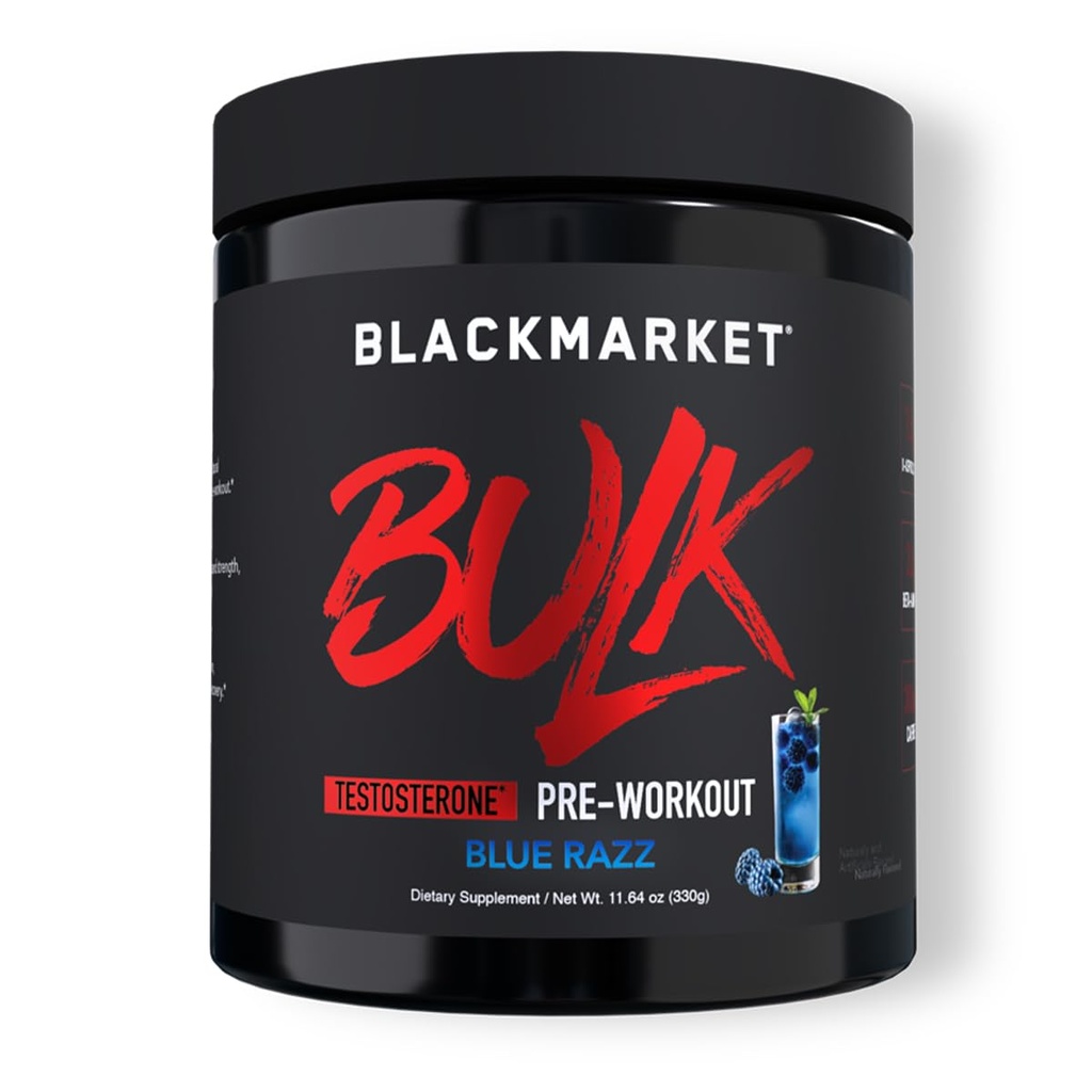 BLACKMARKET Bulk Pre Workout - Preworkout Energy Drink for Men 30 Servings - Pre-Workout Drink Powder with Creatine (Blue Razz)