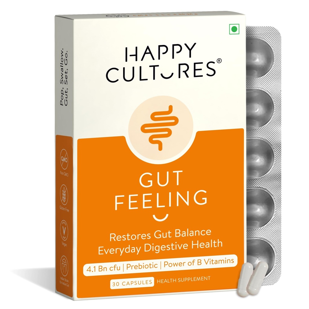 Happy Cultures Gut Feeling Digestion Supplement Μοναδικό μείγμα προβιοτικών για την καθημερινή Digestive Health B-Vitamins Gut Health Supplement για Bloating, IBS, Digestion Clinically Tested - 30 Veg Capsules