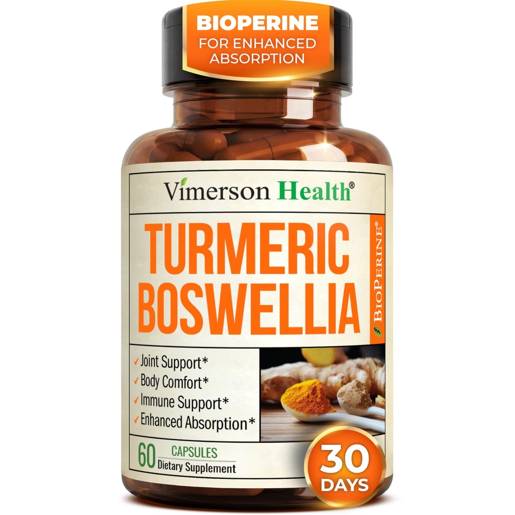 Boswellia Serrata Turmeric Supplement για την κοινή υποστήριξη και την ισορροπία φλεγμονών – Turmeric Boswellia συμπλήρωμα με εκχύλισμα τζίντζερ & μαύρου πιπεριού για ενισχυμένη απορρόφηση – Μη ΓΤΟ - 60 κάψουλες