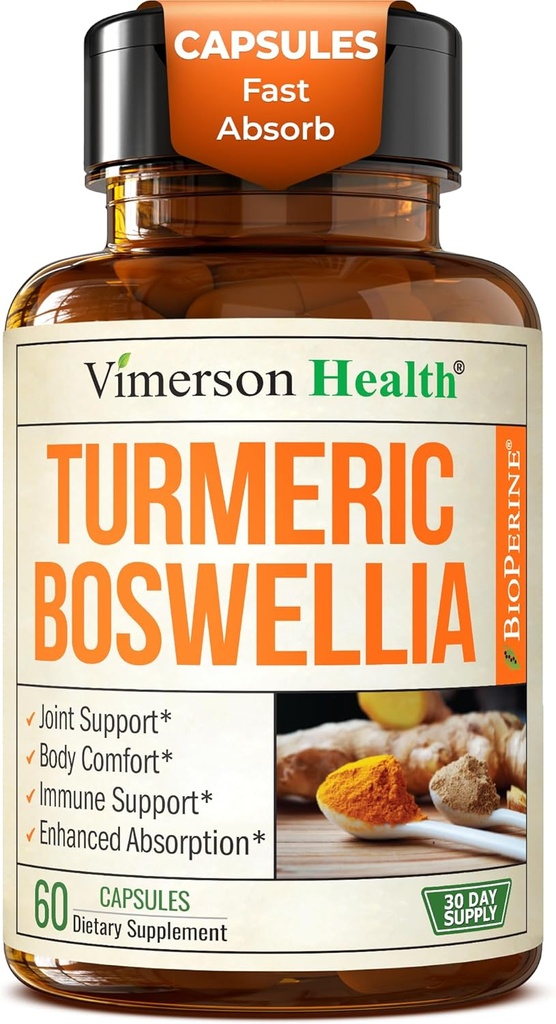 Turmeric Curcumin Supplement with Boswellia Serrata, Ginger Root, Organic Turmeric Powder & Black Pepper - 95% Curcuminoids Turmeric Supplement with Boswellia Extract - 60 Gluten Free Tumeric Capsules