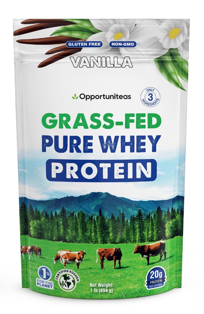 Opportuniteas Grass Fed Whey Protein Powder Concentrate - Βανίλια - καθαρό συμπλήρωμα πρωτεϊνών - Μη ΓΤΟ, ορμονών χωρίς & γλουτένη - 1lb