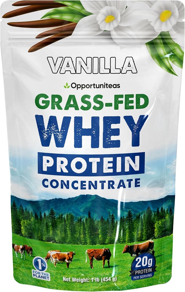 Opportuniteas Grass Fed Whey Protein Powder Concentrate - Βανίλια - καθαρό συμπλήρωμα πρωτεϊνών - Μη ΓΤΟ, ορμονών χωρίς & γλουτένη - 1lb