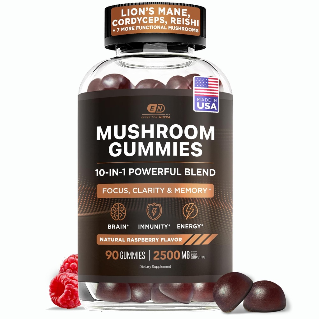 Αποτελεσματική Nutra Mushroom Gummies 2500mg - 10in1 Lion’s Mane, Reishi, Chaga, Cordyceps & More - Εστίαση, Καθαρότητα, Μνήμη, Ανοσία, Ενέργεια - Φυσικό Raspberry Flavor, Vegan, Made in USA (90 Count)