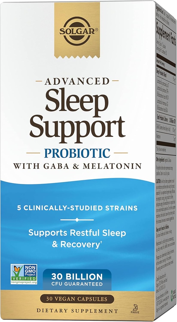 Solgar Advanced Sleep Support Probiotic with GABA & Melatonin, 30 Vegan Capsules - 30 Billion CFU - 5 Clinically-Studied Strains - Υποστήριξη για Ξεκούραστο Ύπνο & Ανάκτηση - Μη ΓΤΟ & Vegan, 30 Υπηρεσίες