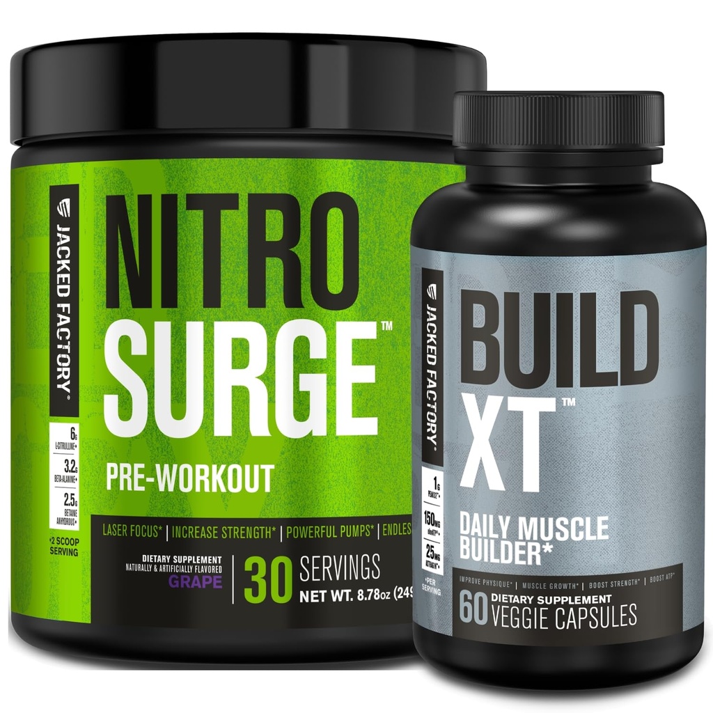 Jacked Factory Nitrosurge Pre-Workout in Grape & Build XT Muscle Building Bundle for Men & Women