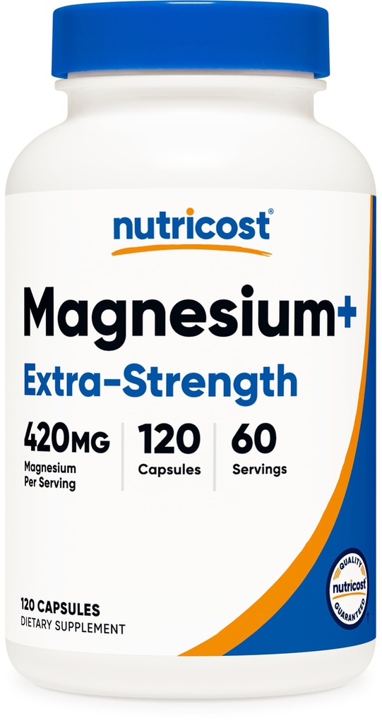 Nutricost Magnesium+ Extra Strength 420mg, 120 Κάψουλες - 60 Μερίδες. Οξείδιο του μαγνησίου και γλυκινικό - μη ΓΤΟ, Χωρίς γλουτένη, Φιλικά προς τους χορτοφάγους