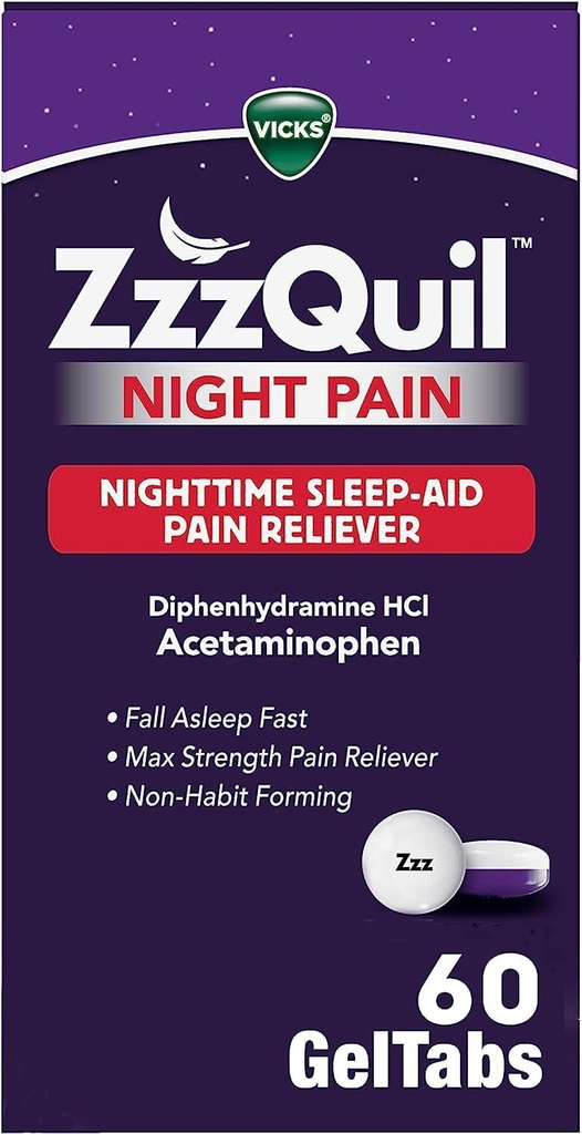 ZzzQuil Night Pain GelTabs, Nighttime Pain Reliver, Sleep Aid Tablets, Diphenhydramine HCl και Acetaminophen, No.1 Sleep Aid Brand, Max Strength Pain Reliever, 60 GelTabs