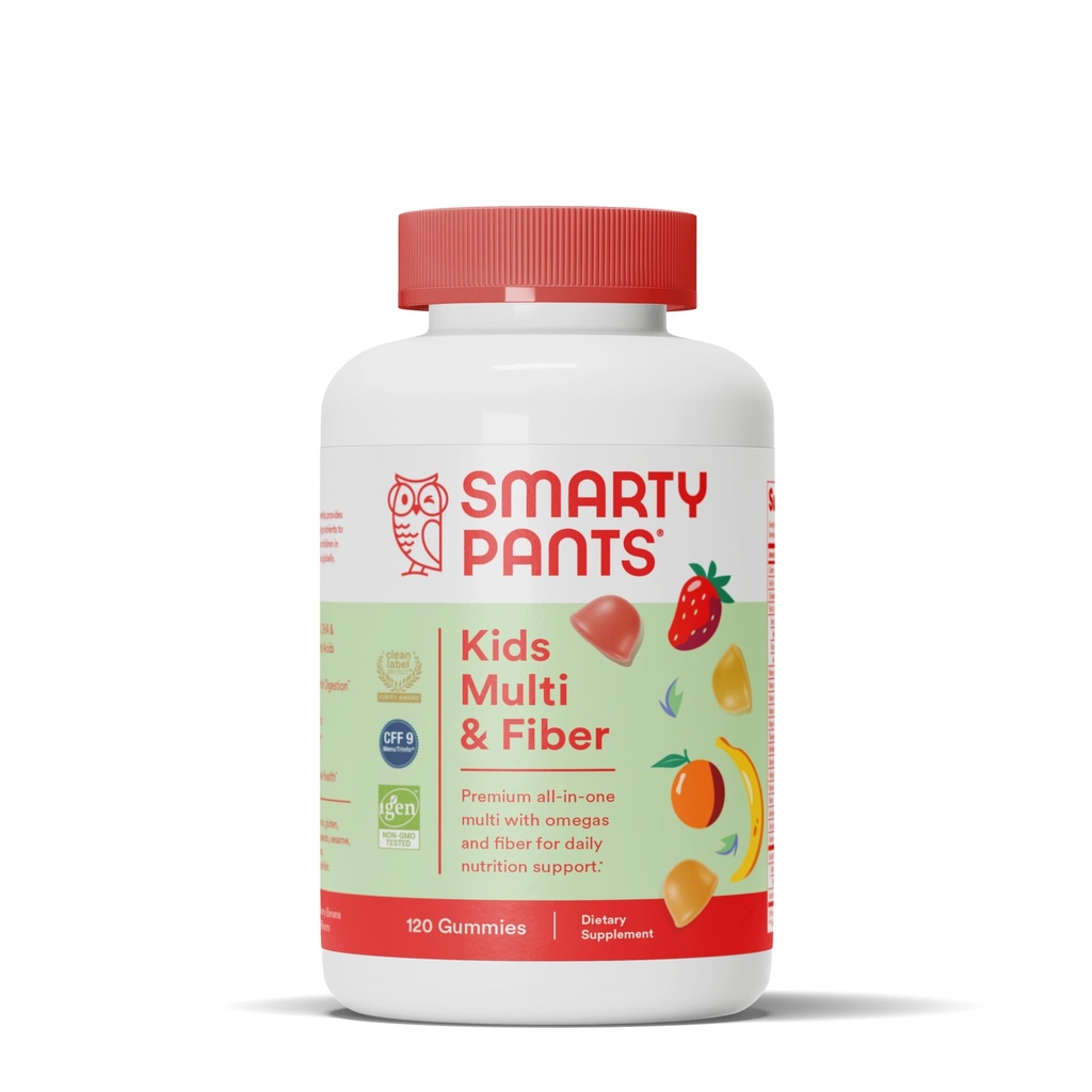 SmartyPants Kids Multivitamin Gummies and Fiber Supplement: Vitamin D3, C, Vitamin B12, B6, A, Zinc, Biotin, Inositol, Fiber Gummies, Three Fruit Flavors, 120 Count (30 Day Supply)