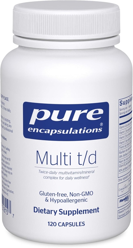 Pure Encapsulations Multi T/D - Multivitamin & Mineral Supplement - για την Καθημερινή Ευεξία, Καρδιαγγειακή & Ανοσολογική Υγεία* - Πλούσιο σε Βιταμίνες & Ορυκτά - Χωρίς Γλουτένη & Χορτοφαγικά - 120 Κάψουλες