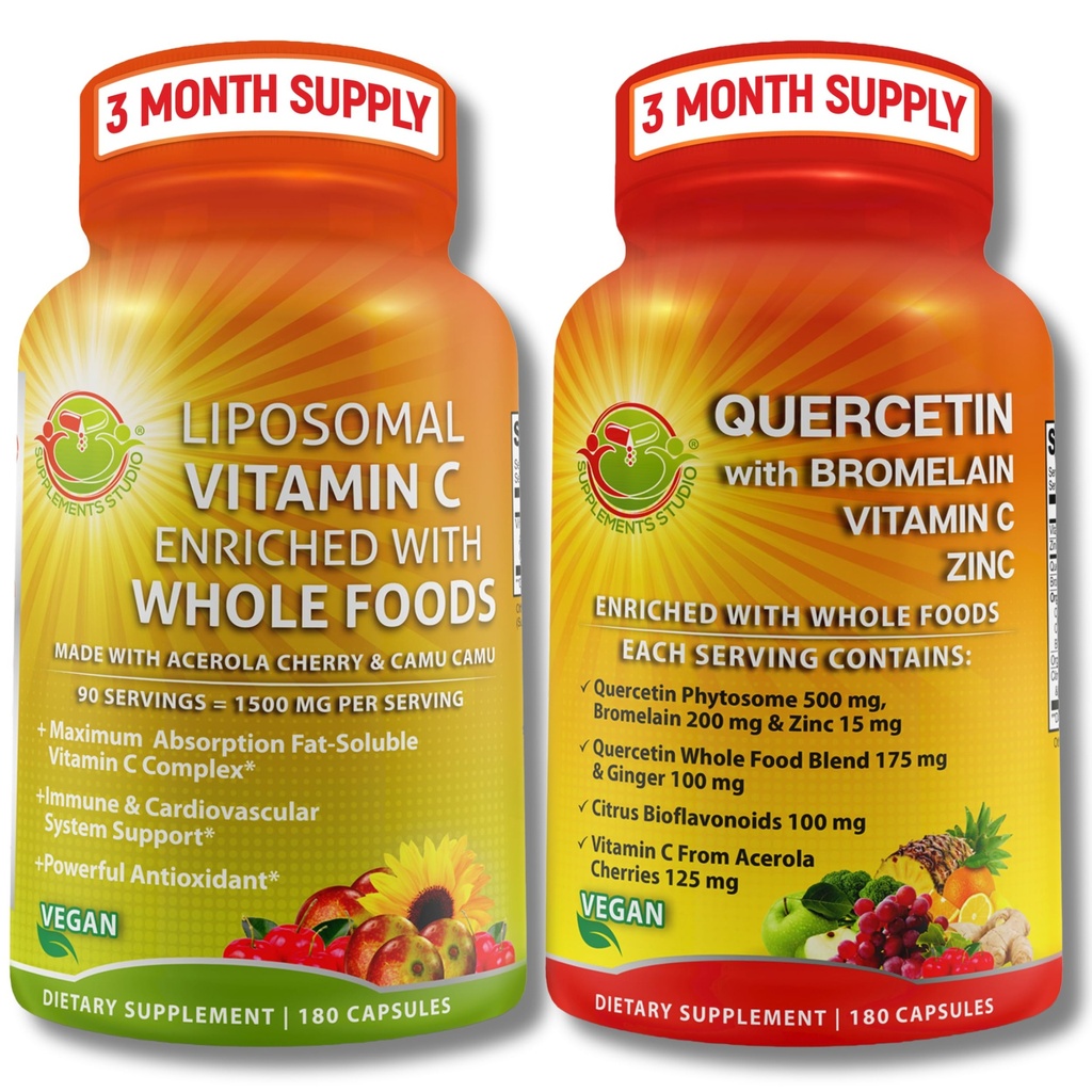 Quercetin με Bromelain, Βιταμίνη C & Ψευδάργυρο + Λιποσωμική Βιταμίνη C 1500mg – Ανοσοποιητική υποστήριξη Δέσμη με Βιολογικό Acerola Cherry, Camu Camu & Citrus Bioflavanoids – Vegan, Μη-GMO, Καθαρότητα Wellness Υποστήριξη