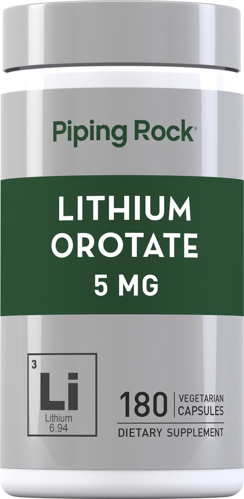 Piping Rock Lithium Orotate Supplement | 5mg | 180 Capsules | Non-GMO, Vegetarian, Gluten Free