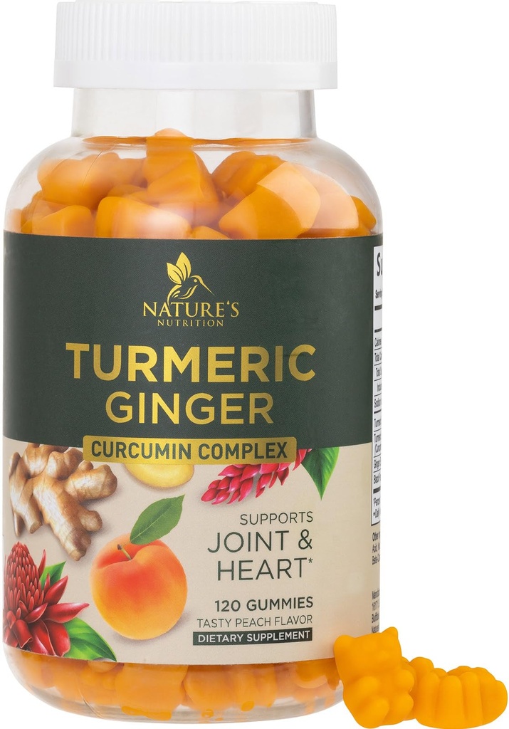 Turmeric Curcumin Supplement Gummies - 95% Κουρκουμινοειδή με Turmeric & Ginger, Μαύρο Πιπέρι για Καλύτερη Απορρόφηση, Vegan Κοινή Υποστήριξη της Φύσης, Μη-GMO, Χωρίς Γλουτένη, Νόστιμο Ροδάκινο Γεύση - 120 Gummies