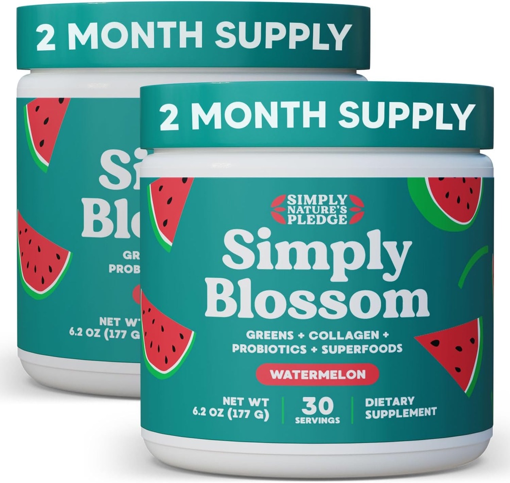Απλά Blossom Διατροφή Daily Greens & Superfood Powder + Collagen + Probiotics for Women's Digestive Health & Bloating Relief. Βοήθεια για την Υγεία σας Bloom - 2 Μήνες προσφοράς - Καρπούζι