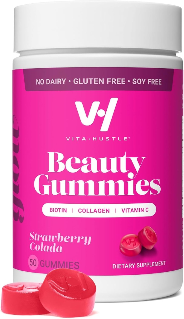 VitaHustle Beauty Gummies, 2500 mcg Biotin, 100 mg κολλαγόνο, βιταμίνη C, B-Complex, Ισχυρά μαλλιά, νύχια δέρματος, χαμηλή ζάχαρη, μη ΓΤΟ, φράουλα Colada, 50 κόμης