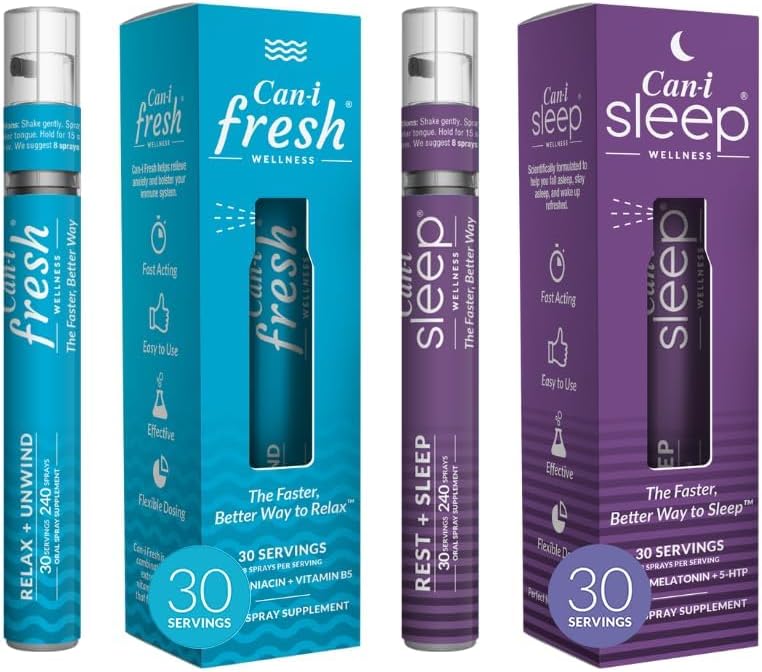 Can-I Wellness Natural Sleep Aid and Calming Vitamin Spray Bundle - Συμπλήρωμα Vegan με μελατονίνη, GABA, 5-HTP & L-Theanine - Γρήγορο Δραστικό Στοματικό Spray για Υγιεινή Διαχείριση Στρες και Υποστήριξη Mood