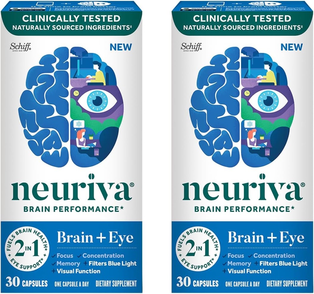 NEURIVA Brain + Συμπλήρωμα ματιών για μνήμη, εστίαση & συγκέντρωση με κλινικά ελεγμένη λουτεΐνη και ζεαξανθίνη, Βιταμίνες A C & E + ψευδάργυρος για την υγεία των ματιών & φίλτρο μπλε φως 30 κάψουλες κόμη (2 Pack)