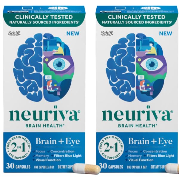 NEURIVA Brain + Eye Supplement for Memory, Focus & Concentration with Lutein & Vitamins A C E and Zinc for Eye Health & Zeaxanthin to Filter Blue Light, 30ct Capsules (2 Pack)