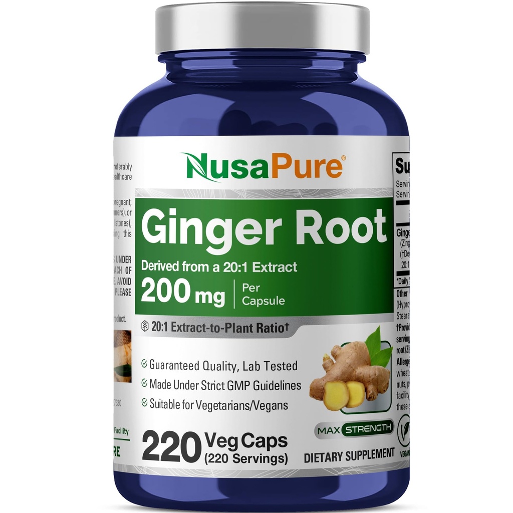 NusaPure Ginger Ρίζα Κάψουλες 20:1 Εκχύλισμα, 200 mg Ισοδύναμο με 4.000 mg ανά Veggie Caps 