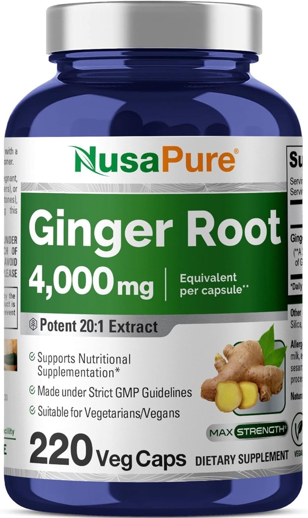 NusaPure Ginger Ρίζα Κάψουλες 20:1 Εκχύλισμα, 200 mg Ισοδύναμο με 4.000 mg ανά Veggie Caps 