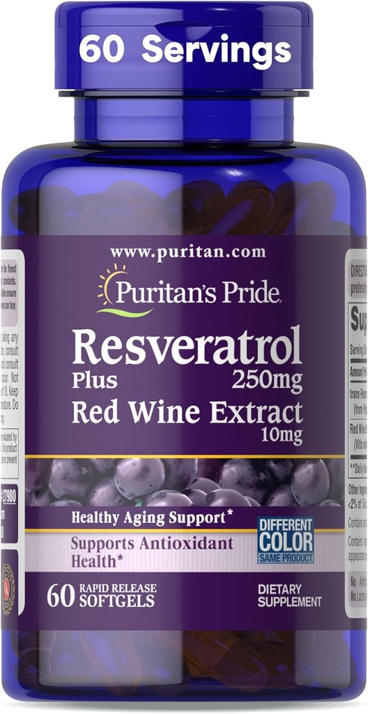 Puritan's Pride Premium Resveratrol Youth GuardTM 250mg, Συμπλήρωμα διατροφής για το ανοσοποιητικό σύστημα, αντιοξειδωτικό, Μεταβολισμός ζάχαρης, ροή αίματος και υποστήριξη αγγειακής λειτουργίας, 60 Softgels ταχείας απελευθέρωσης