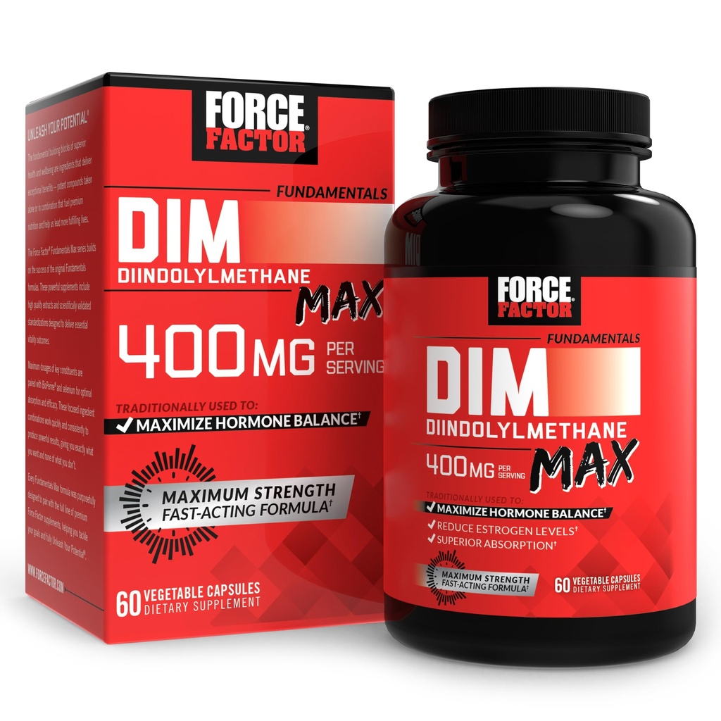FORCE FACTOR DIM Max, Συμπλήρωμα DIM 400mg, Ισορροπία οιστρογόνων για γυναίκες και άνδρες, Επιπλέον Δύναμη για Ορμονική Ακμή, Μεταβολισμός, Εμμηνόπαυση, PSOS, Diindolylmethane, Ανώτερη Απορρόφηση, 60 Κάψουλες