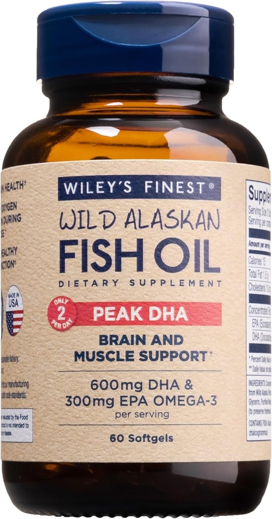 Wiley's Finest Wild Alaskan Fish Oil Peak DHA - 900mg EPA και DHA Omega-3s - 60 Softgels (30 υπηρεσίες)