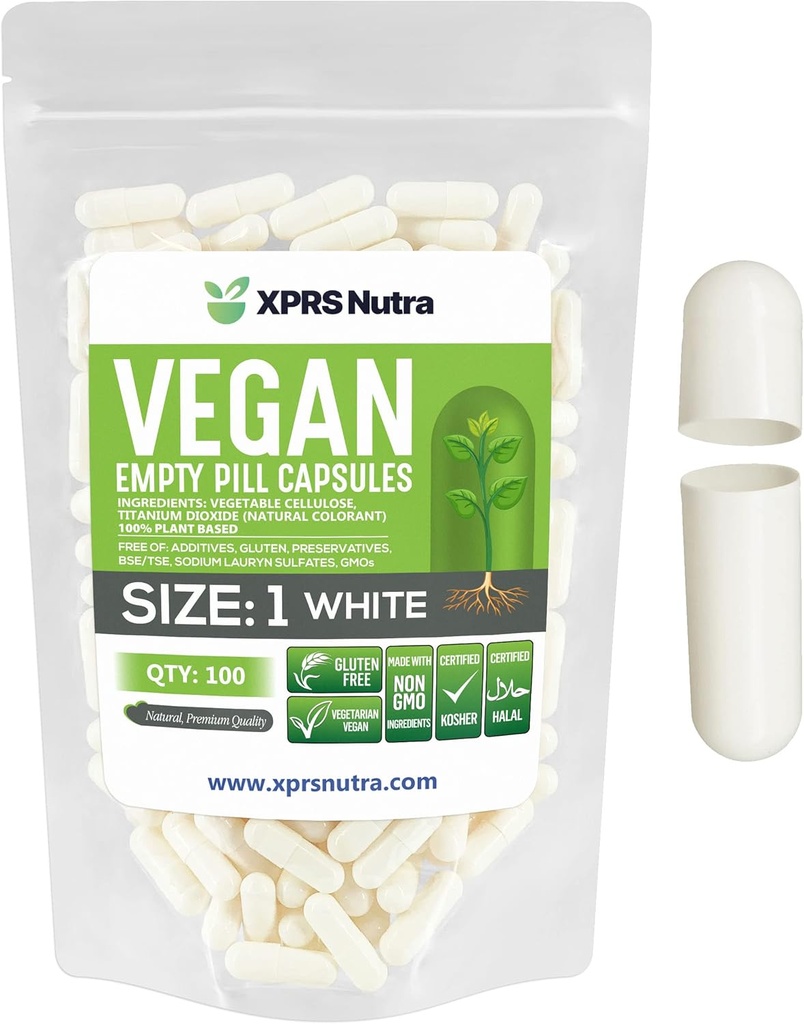 XPRS Nutra μέγεθος 1 άδεια κάψουλες - 100 κόμης άδεια κάψουλες Vegan - χορτοφαγικά χάπια - DIY κάψουλες λαχανικών πλήρωσης- Veggie χάπια για το Do-It-Yourself συμπληρώματα (λευκό)