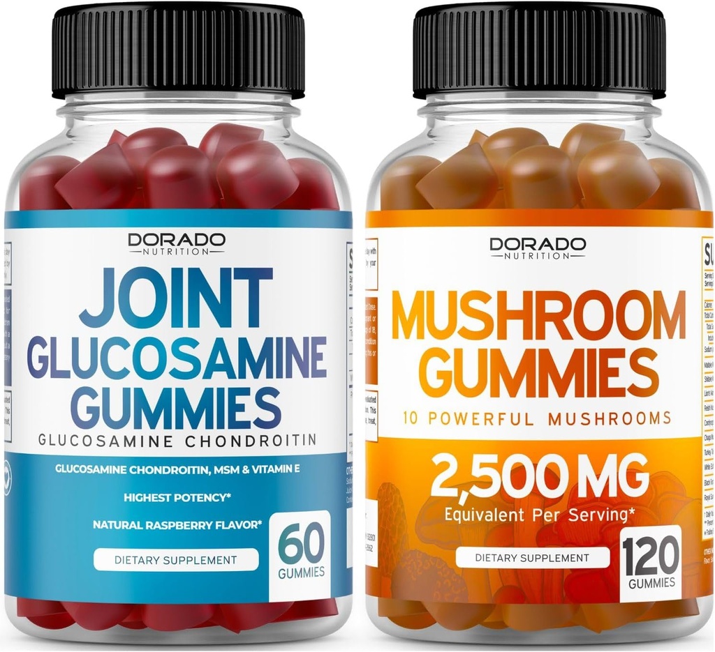 Glucosamine Chondroitin (60 Count) Κοινές Συμπληρώματα για άνδρες & γυναίκες - Delicious Raspberry Flavor and Mushroom 10 in 1 Blend (120 Gummies) Focus & Brain Mushroom Supplement - Vegan & USA Made