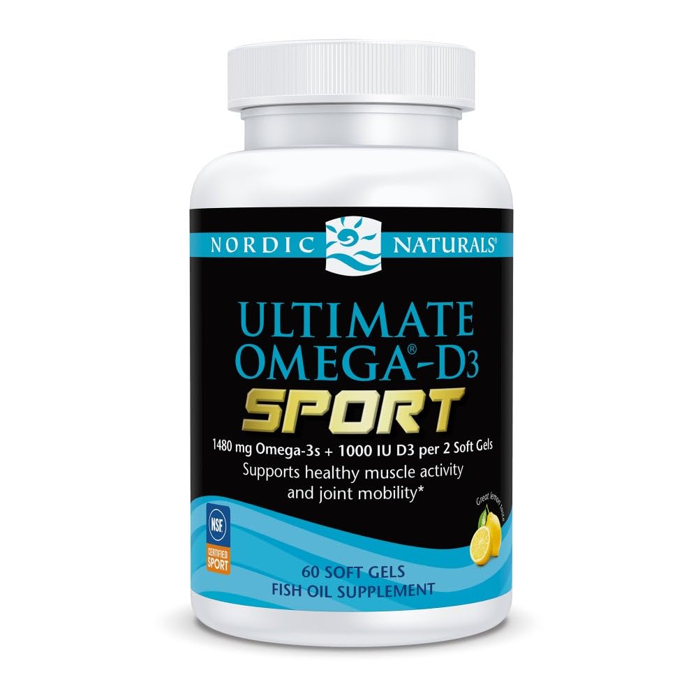 Nordic Naturals Ultimate Omega-D3 Sport, Lemon - 60 Soft Gels - 1480 mg Omega-3 + 1000 IU Βιταμίνη D3 - NSF Certified - Υποστηρίζει τους μυς, τα οστά, την εστίαση και την αντοχή - 30 Υπηρεσίες