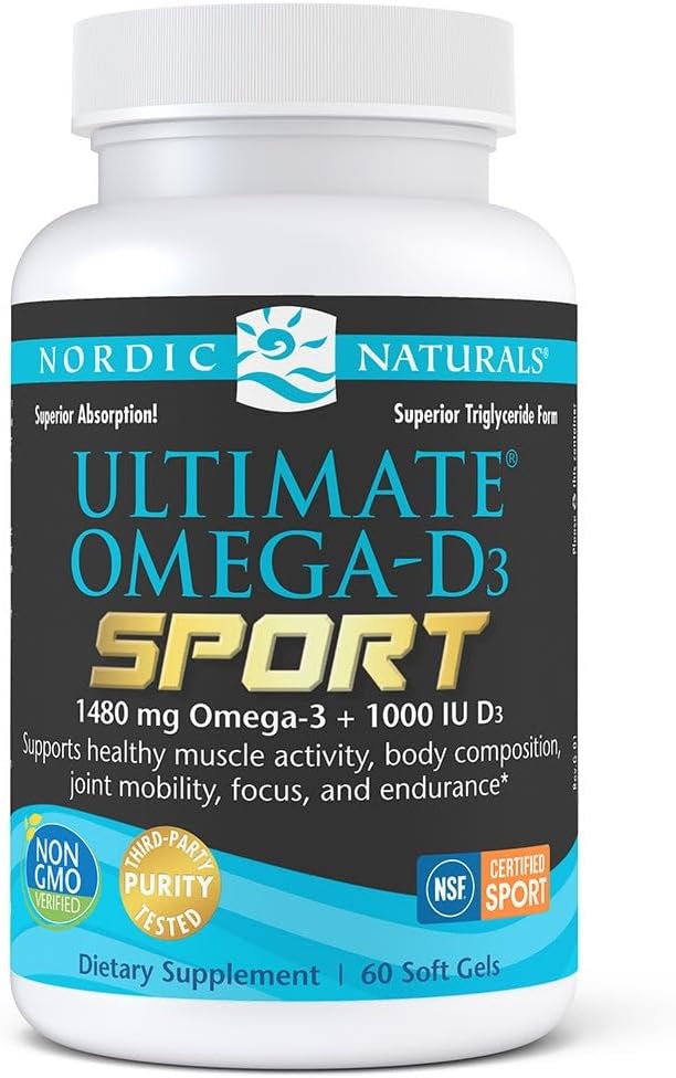 Nordic Naturals Ultimate Omega-D3 Sport, Lemon - 60 Soft Gels - 1480 mg Omega-3 + 1000 IU Βιταμίνη D3 - NSF Certified - Υποστηρίζει τους μυς, τα οστά, την εστίαση και την αντοχή - 30 Υπηρεσίες