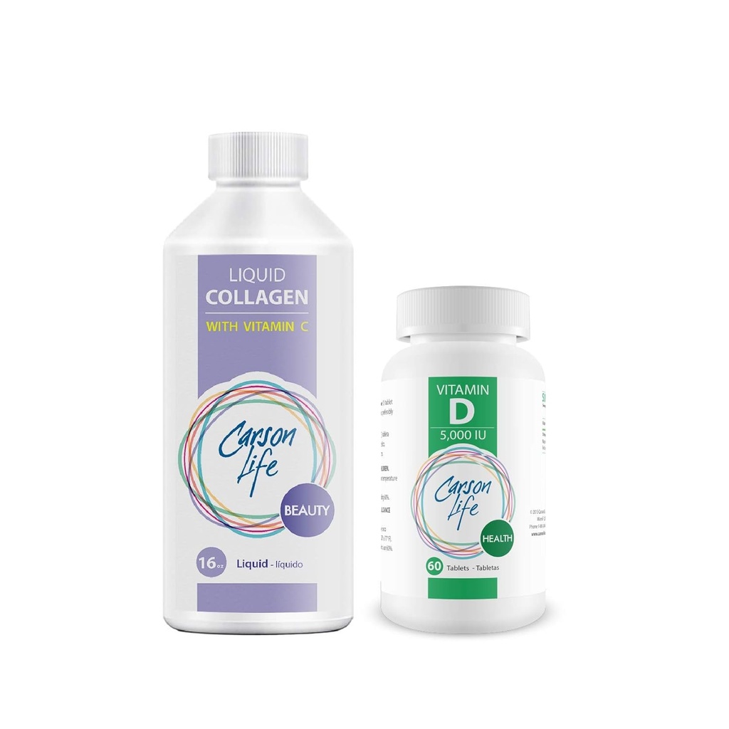 CARSON LIFE - Υγρό Κολλαγόνο Με Βιταμίνη C 1 Μπουκάλι, 16 Oz Bundle Με Συμπλήρωμα Βιταμίνης D 1 Μπουκάλι, 10.000 IU, 60 δισκία Για Ισχυρούς Μυς, Οστά, Δόντια, Αντιγήρανση, Δέρμα μαλλιών & Νύχια