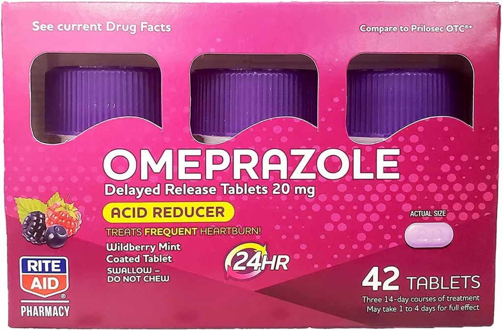 Aid Rite Acid Reducer Omeprazole Δισκία αποδέσμευσης με καθυστέρηση - 20 mg, 3 Φιάλες, 14 Count Each (42 Count Total), Wildberry Mint Flavor, Heartburn Relief, Heartburn Medicine, Αντιμετωπίζει Συχνές Heartburn