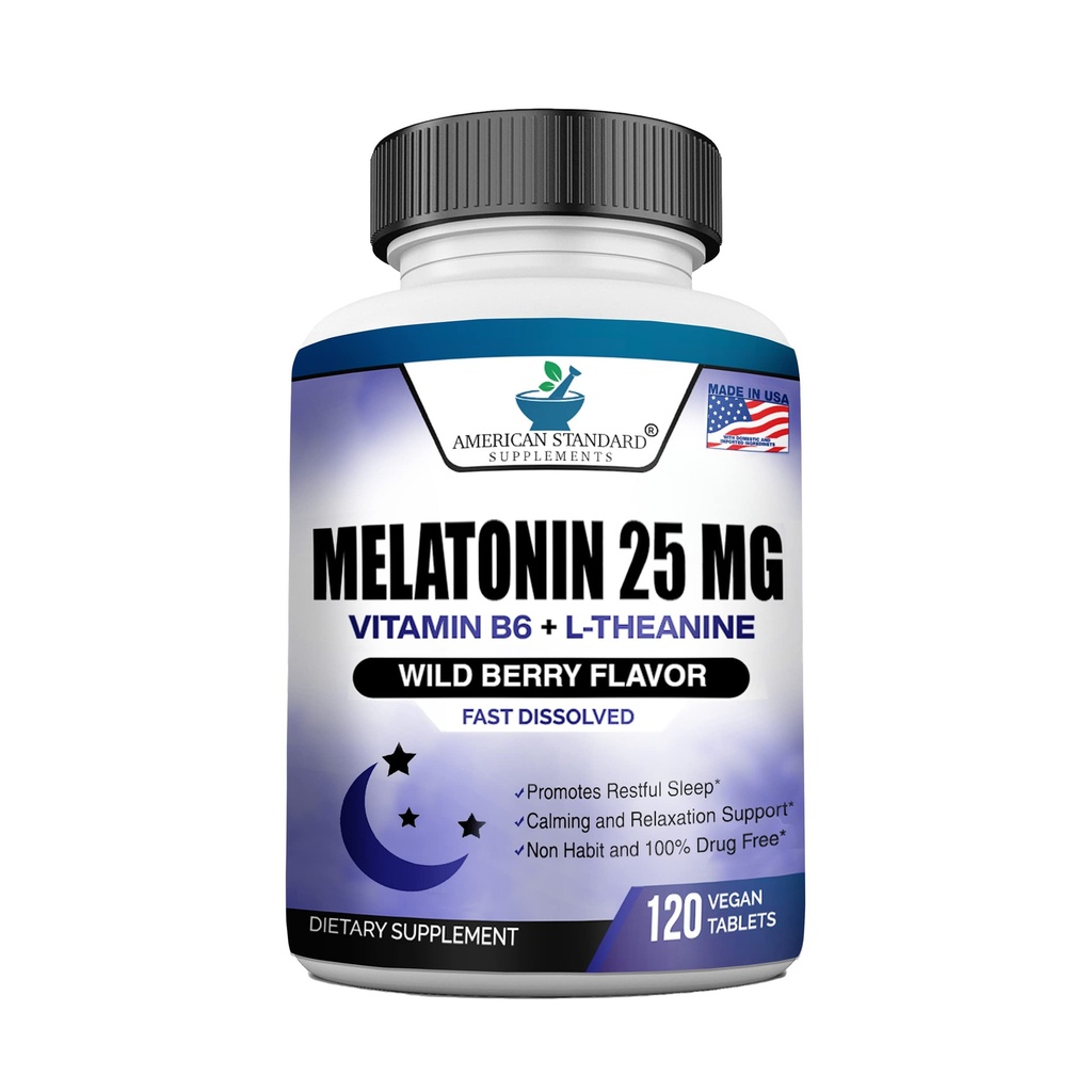 Μελατονίνη 25mg ανά ένα δισκίο, 120 Μασώμενα δισκία με L- θεανίνη & βιταμίνη B-6, Υποστηρίζει υγιή κύκλο ύπνου, προάγει τον ήρεμο και ξεκούραστο ύπνο, Vegan, NON GMO, Made In USA